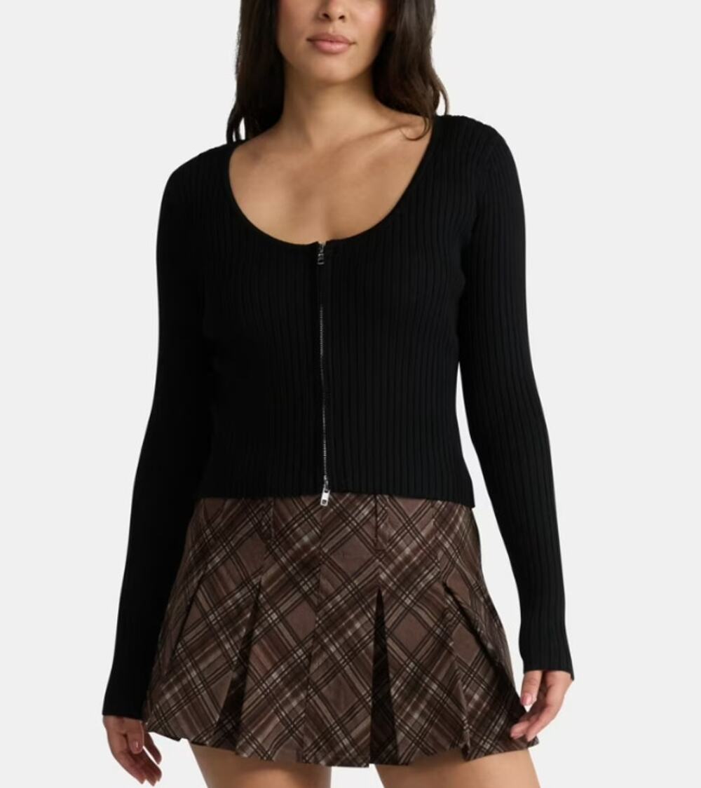 MADDEN NYC Long Sleeve Zip Top Scoop Neck Cropped Rib Knit Black Womens XXL NWT